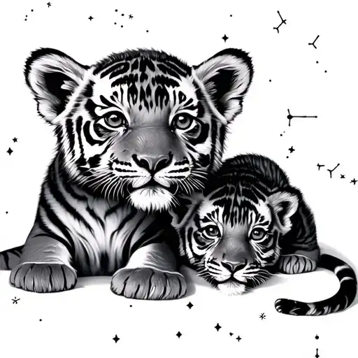 3 baby tiger cubs with night sky filled with constellations tattoo design idea