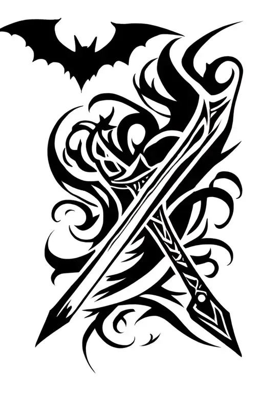 sword and bats flying tattoo design idea
