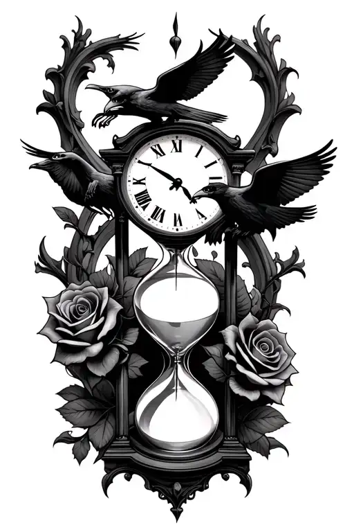 hourglass + rose + skull + clock + ravens flying tattoo design idea