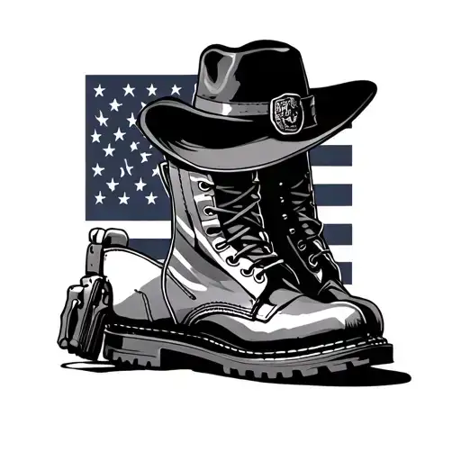 gun boots and a hat, flag back ground tattoo design idea