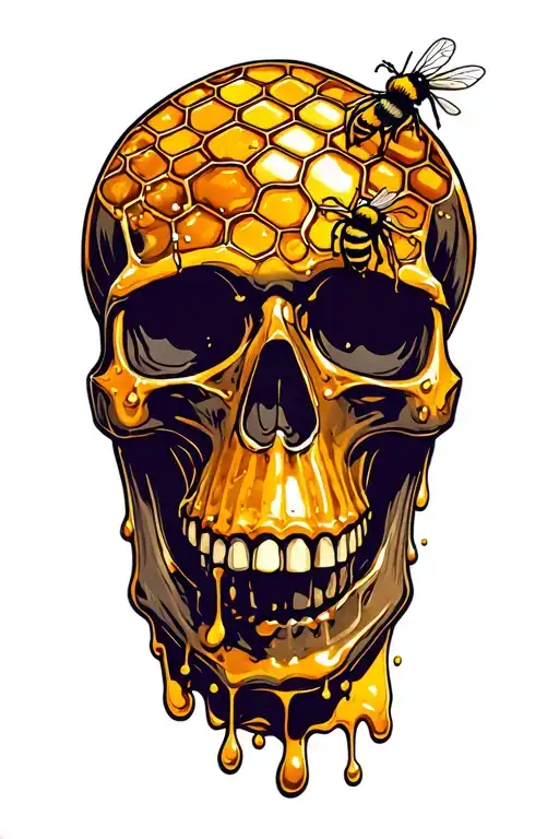 honey comb in skull shape with bees and dripping honey tattoo design idea