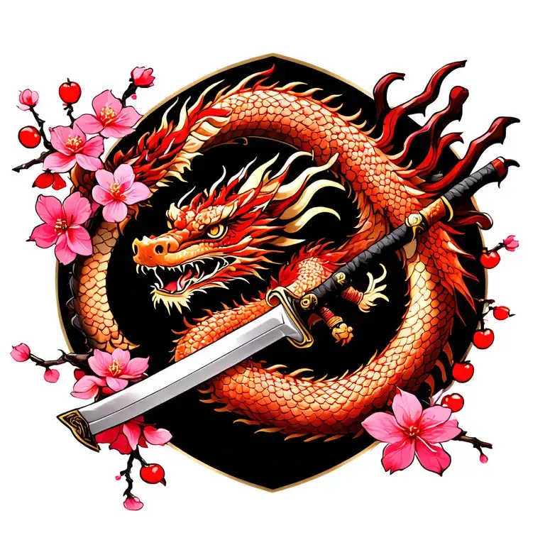 dragon around a samurai sword with red and pink cherry blossoms tattoo design idea