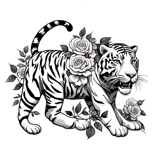 White tiger with tail underneath boob, stretching down rip, with roses, vines with cub on thigh. Having the tiger stret tattoo design idea