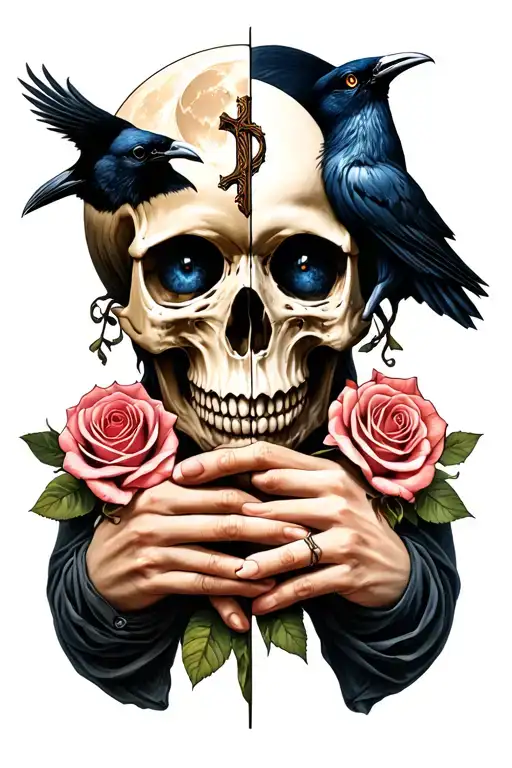 half person and half skull holding hands with cross and rose in the skull mouth with a crow and moon in person pupil  tattoo design idea
