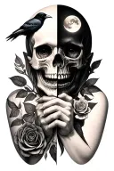 half person and half skull holding hands with cross and rose in the skull mouth with a crow and moon in person pupil  tattoo design idea