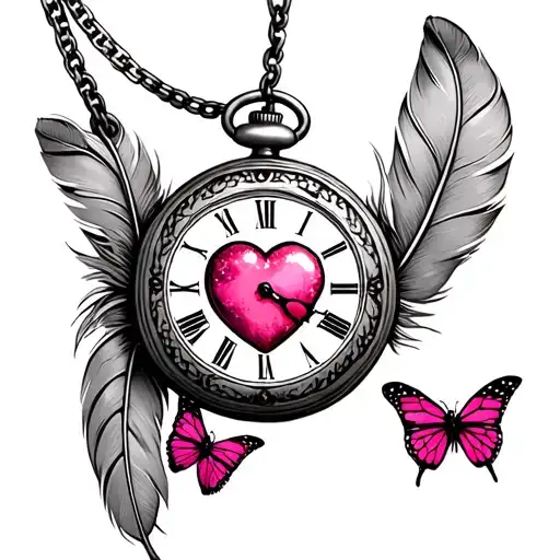 rustic pocket watch with feathers coming off of chain pink heart center and two pink butterflies forearm tattoo tattoo design idea