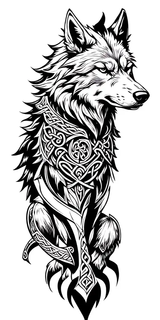 Celtic wolf surrounded by armor  tattoo design idea
