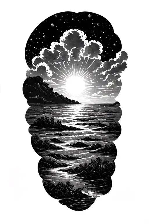 stormy sky transitioning to a rising sun shining tattoo design idea