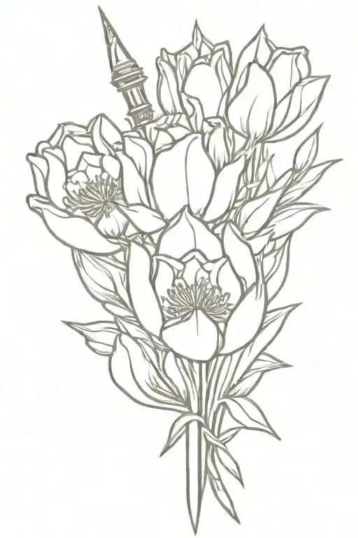 Sword wrapped with tulips with a crown at the hilt tattoo design idea