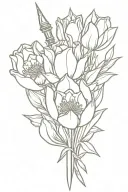 Sword wrapped with tulips with a crown at the hilt tattoo design idea