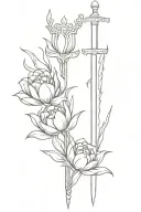 Sword wrapped with tulips with a crown at the hilt tattoo design idea