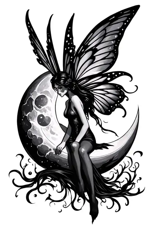 a black fairy sitting on the moon tattoo design idea