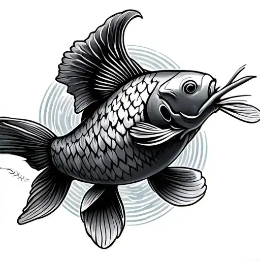 koi fish with bamboo in his mouth outline tattoo design idea