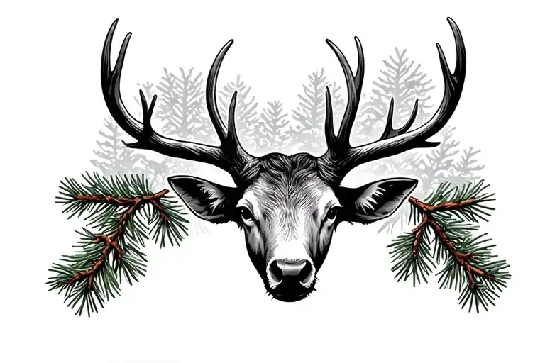 Horn with elk sheds and pine tree branch tattoo design idea