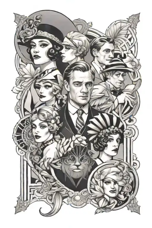 arm sleeve featuring characters from the great gatsby tattoo design idea