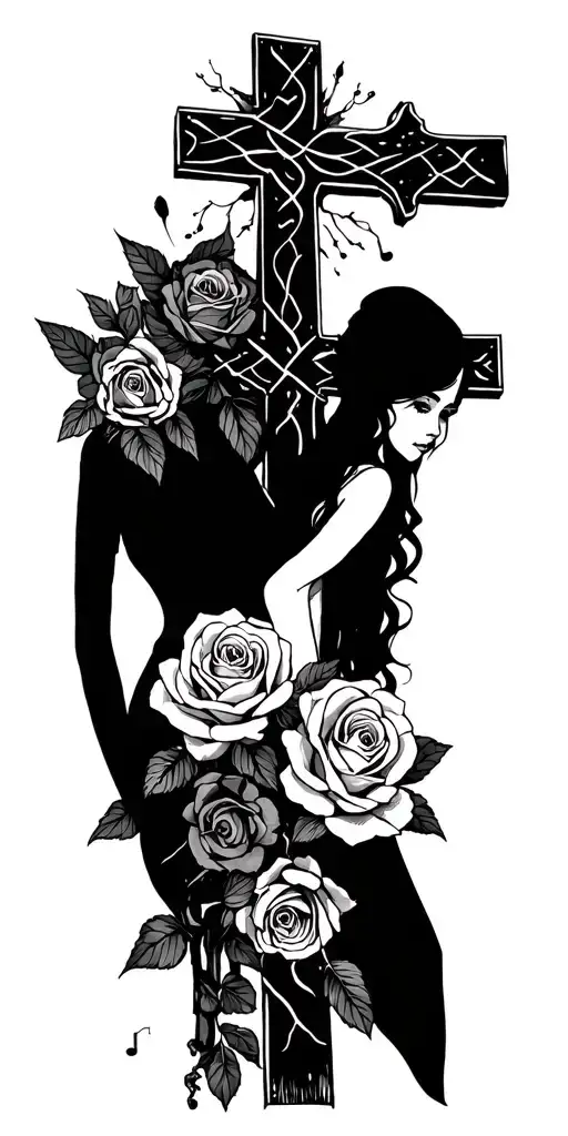 Alina and Mia and cross and roses and park and street and music and amusement park tattoo design idea