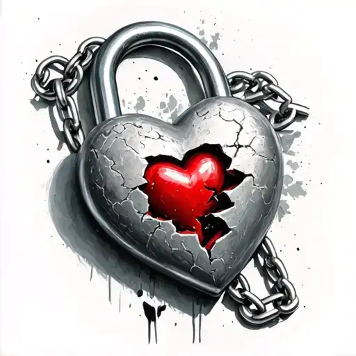 A broken heart locked with a padlock and chain tattoo design idea