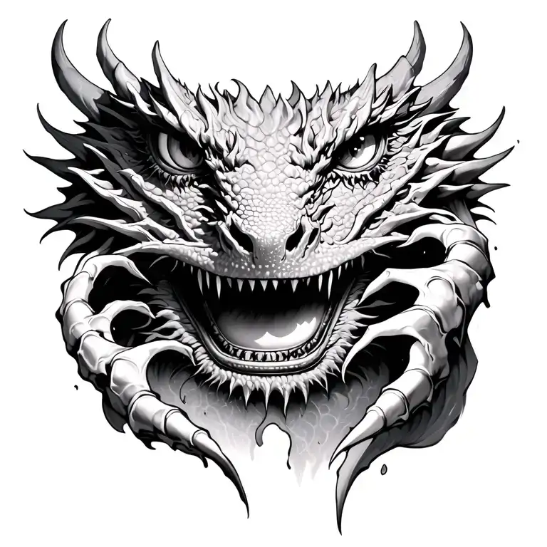 dragon eye looking out from tear in skin with claw hooked on the edge of the tear tattoo design idea