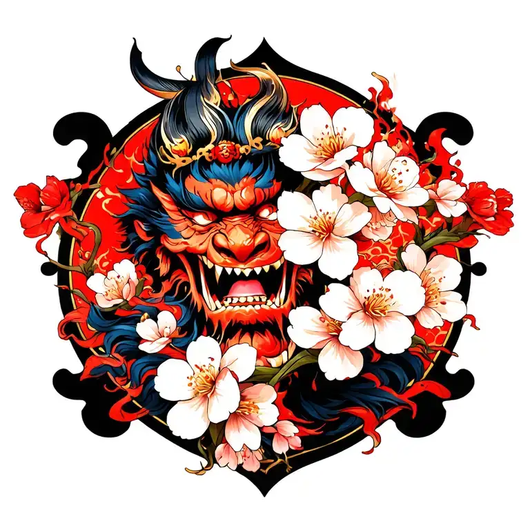 oni smoke full back full color cherry blossoms tattoo design idea