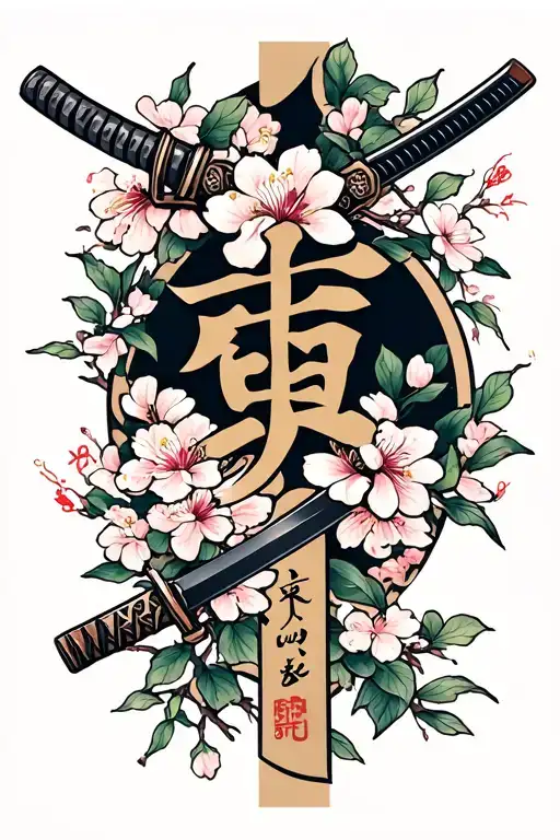 kaizen kanji with katana and Sakura blossom tattoo design idea