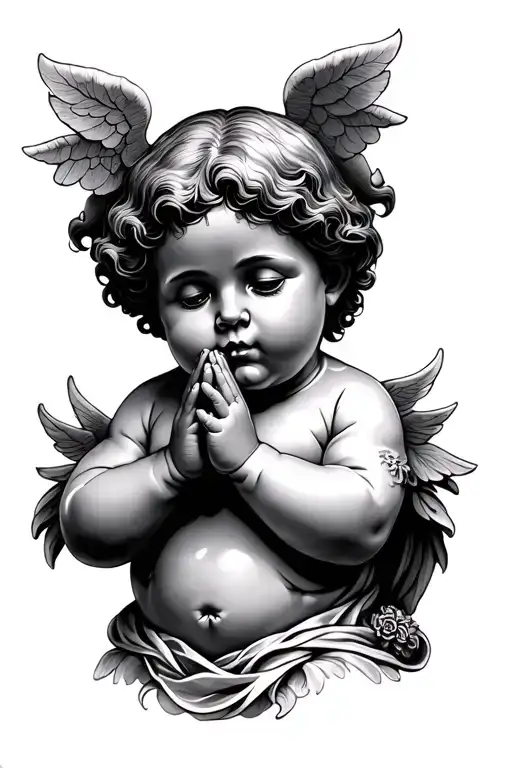 front facing chubby cherub looking down with praying hands tattoo design idea