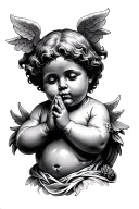 front facing chubby cherub looking down with praying hands tattoo design idea