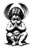 front facing chubby cherub looking down with praying hands tattoo design idea