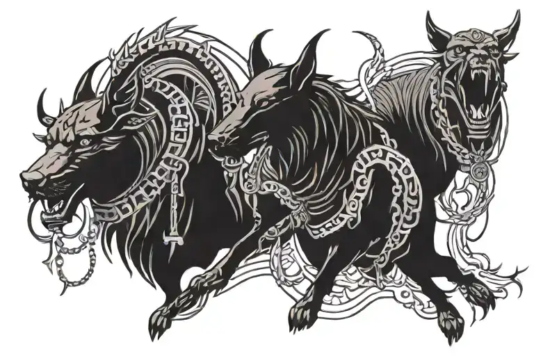 Cerberus, Anubis and a bull with a toothed ascalus tattoo design idea