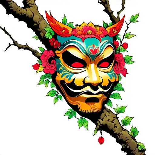 Half of Hann's mask lies on a branch of a tree growing from a stone. Colorfull tattoo tattoo design idea