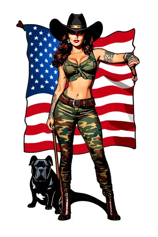 tattoo design of a PIN UP COWGIRL, US ARMY, camo colored clothing, full body view, standing with cane corso at her side tattoo design idea