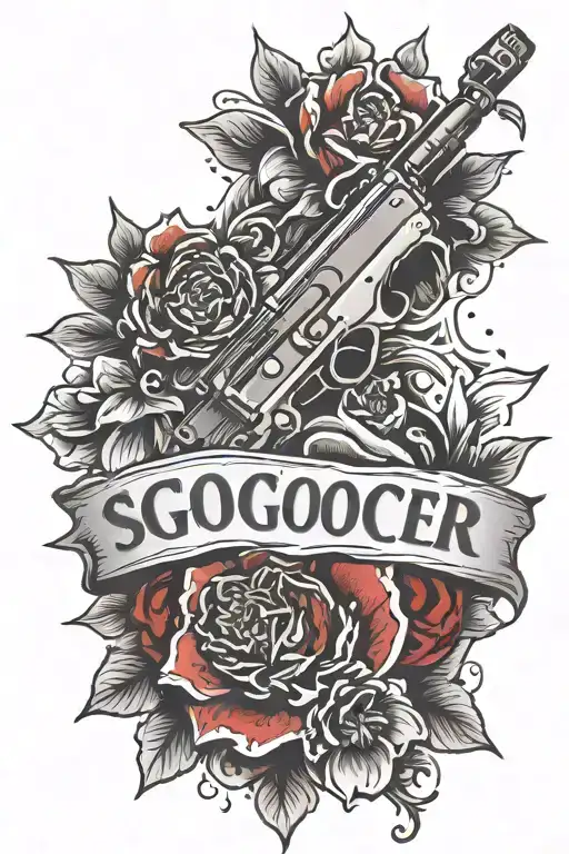 arm tatto with a broken Glock and text in red that sats nothing lasts forever with a japanese flower and shadows tattoo design idea