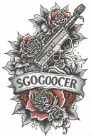 arm tatto with a broken Glock and text in red that sats nothing lasts forever with a japanese flower and shadows tattoo design idea