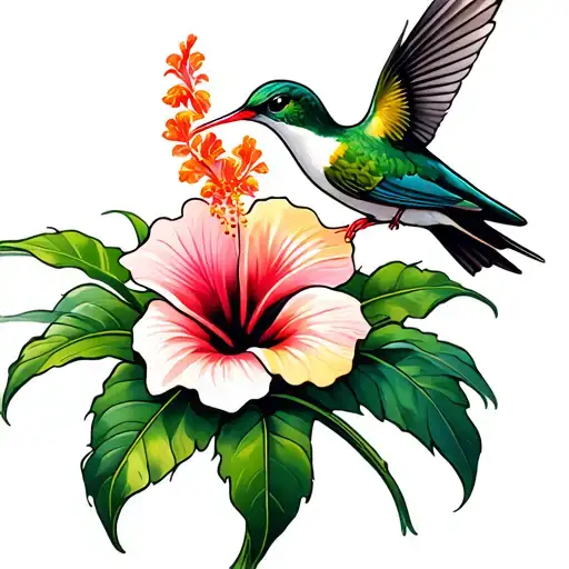A humming Bird sucking from a hibiscus flower with the hibiscus flower sitting on a maguey plant tattoo design idea