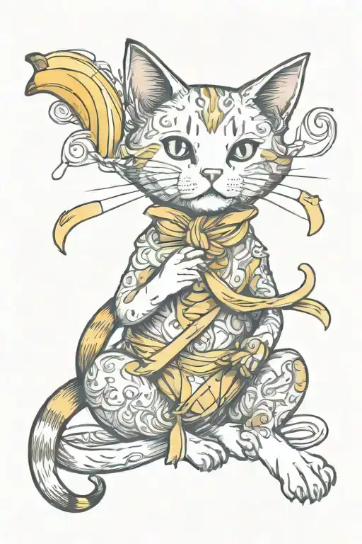 tied up cat holding a banana tattoo design idea