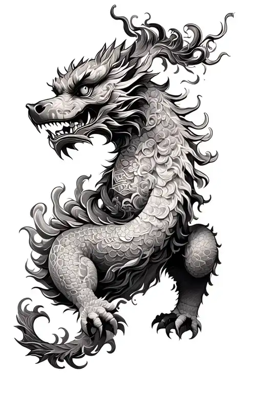 foo dog and Japanese dragon sleeve tattoo tattoo design idea