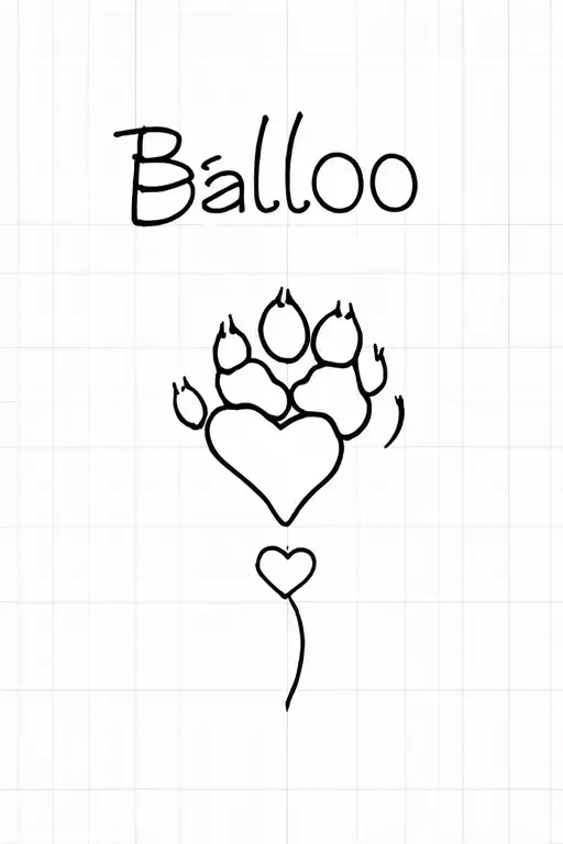 the name Baloo fine line tattoo that goes into a dog paw and heart in a thin line tattoo design idea