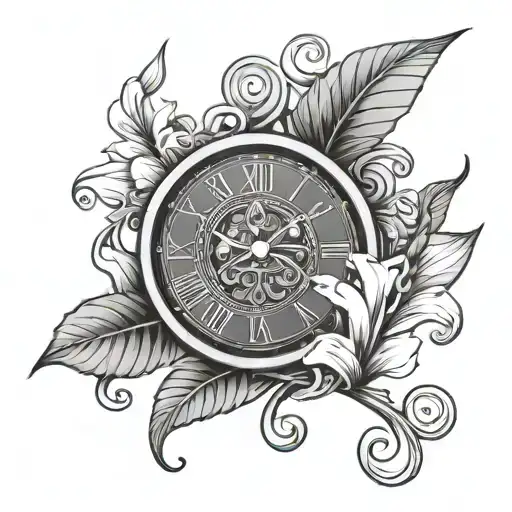 stylized clock with 12:23 in Roman numerals, integrated with a peace lily stem that's a treble clef tattoo design idea