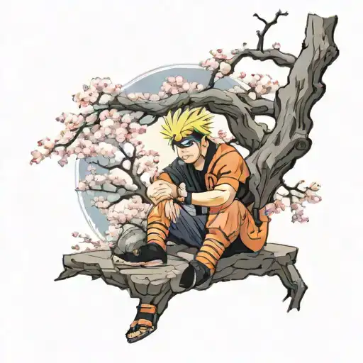 naruto seated under a cherry blossom tree tattoo design idea