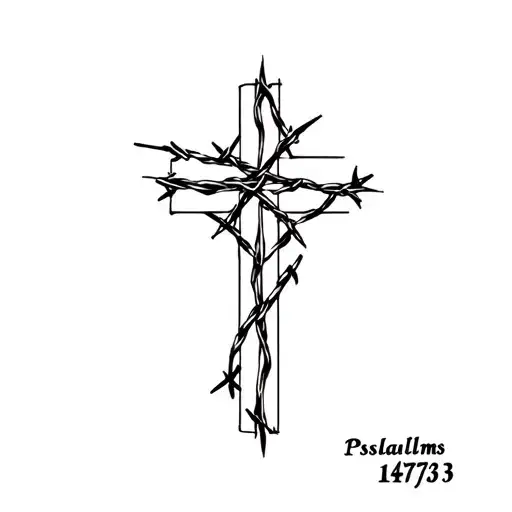 Skinny Dainty cross with barbed wire wrapped with psalms 147:3  tattoo design idea