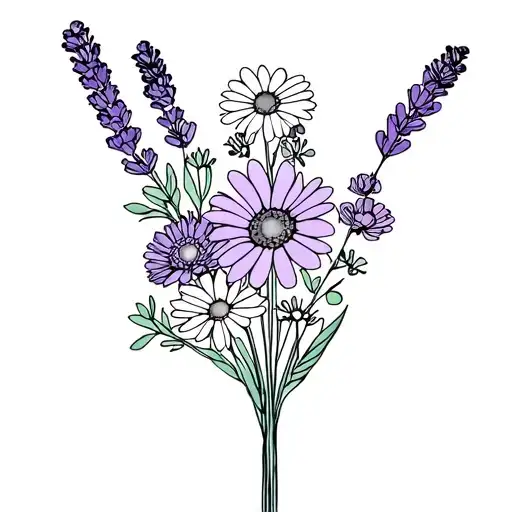 small black line art bouquet of flowers with lavender and marigolds and daisies tattoo design idea
