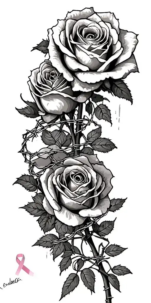 dead roses, barbed wire wrapped, and breast cancer awarness tattoo design idea