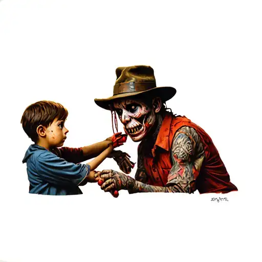 Freddy Krueger as a puppeteer with a boy as his puppet in the vein scene from Nightmare on Elm Street 3 tattoo design idea