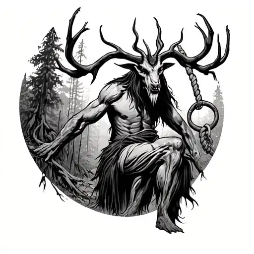 wendigo carrying a noose in the woods tattoo design idea