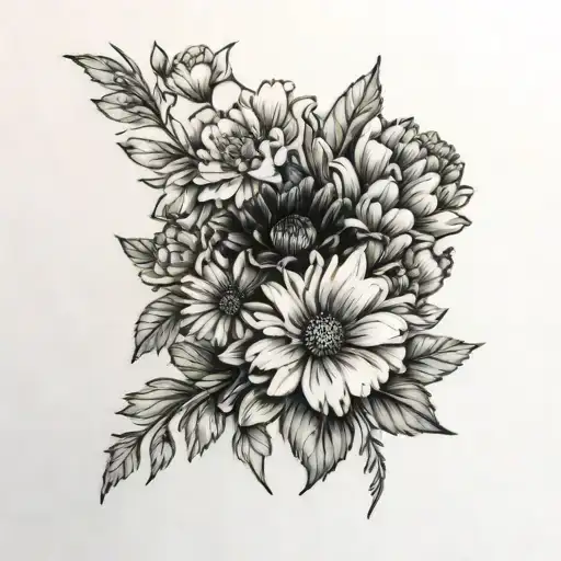 A simple, fine line tattoo, black and white, a bouquet of daisies and carnations tattoo design idea