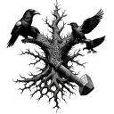 Black and white nordic tattoo of the web of wyrd made of corrupts tree roots and Thor's hammer with odin's ravens near i tattoo design idea