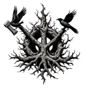 Black and white nordic tattoo of the web of wyrd made of corrupts tree roots and Thor's hammer with odin's ravens near i tattoo design idea