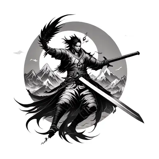 Asian sword fighter with mountains rising Phoenix tattoo design idea