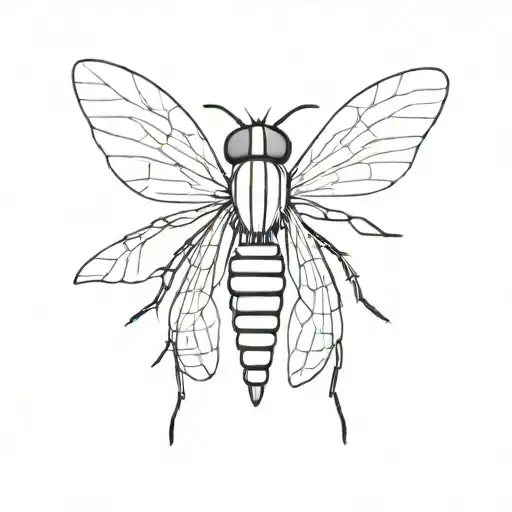 fly tattoo for neck, minimal outline, symetrical, black and white tattoo design idea