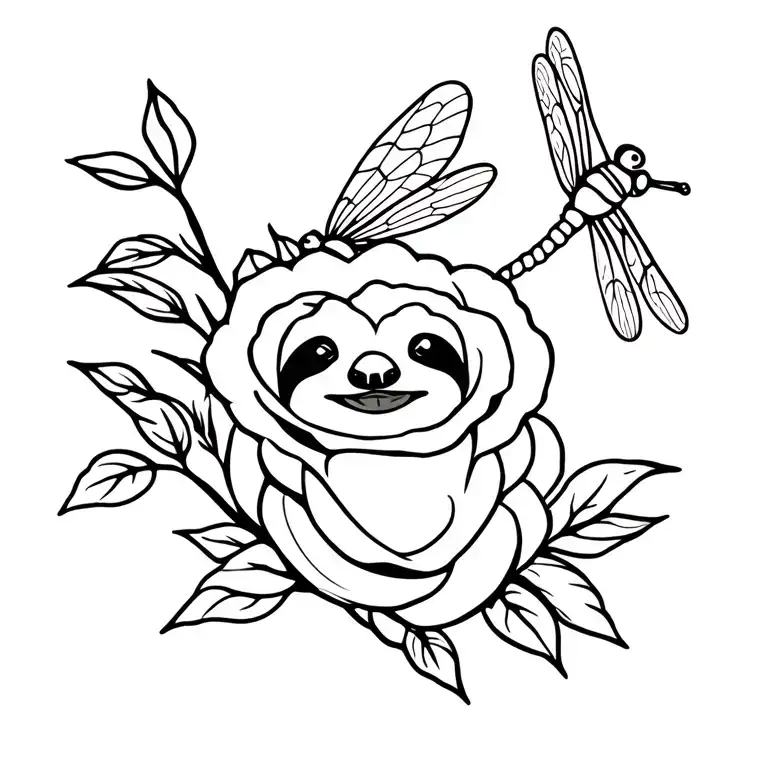 baby sloth rose and dragonfly perched tattoo design idea