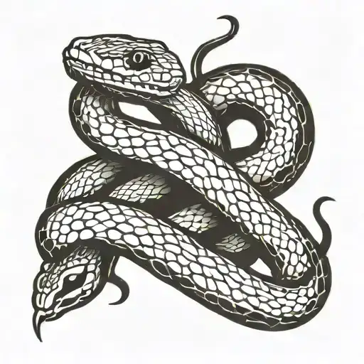 A black and white stencil style tattoo design of two intertwined snakes. One snake is black, the other is white. tattoo design idea